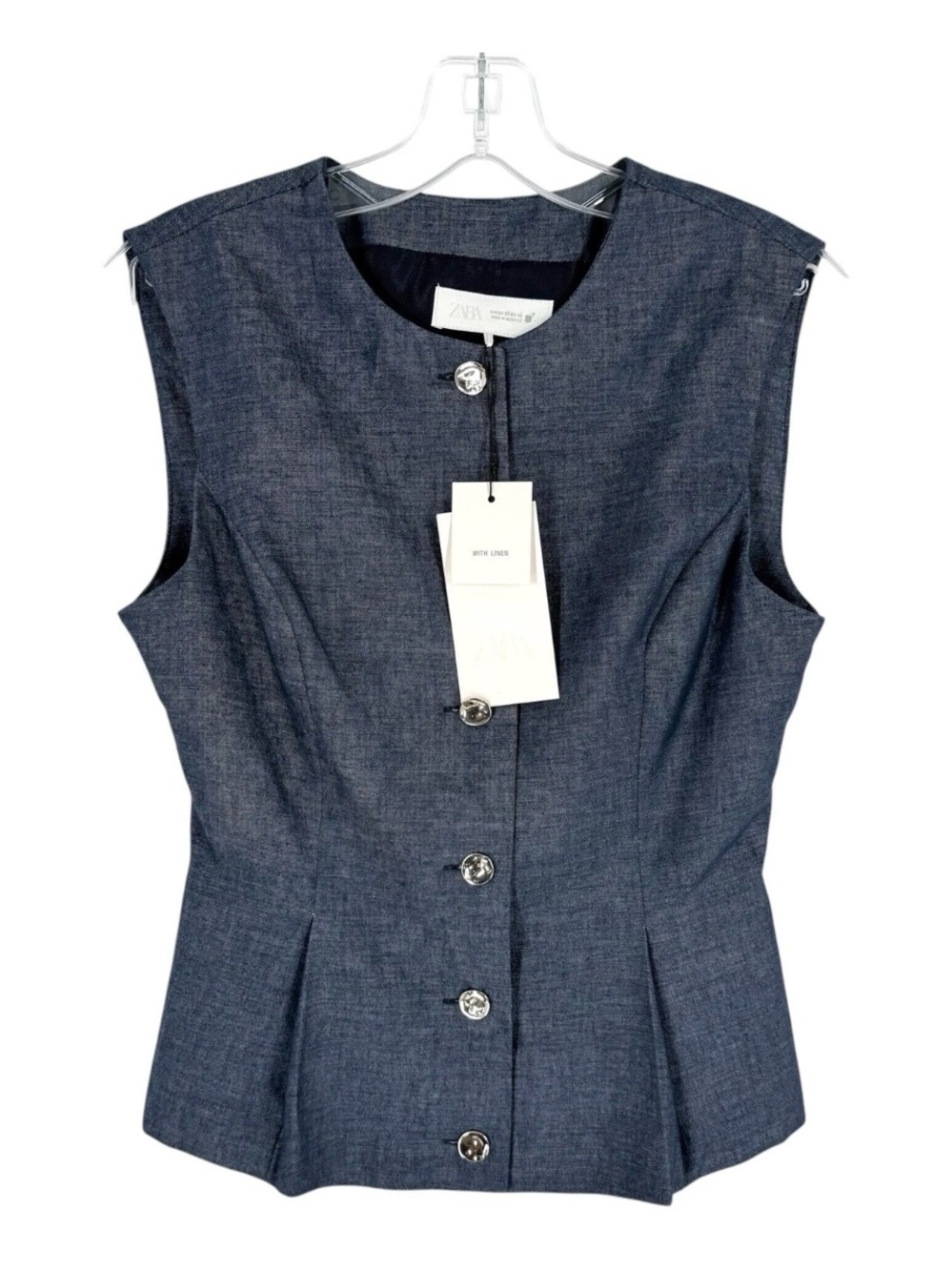Zara Linen Blend Vest Womens Size XS Denim Blue Sleeveless Silver Button Blouse